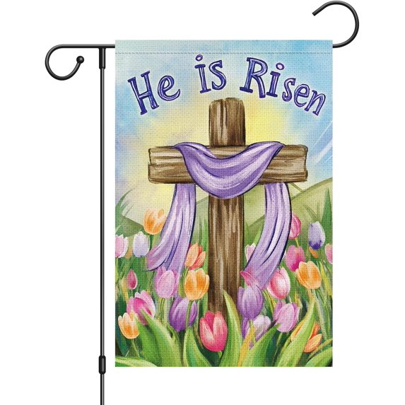 Easter Garden Flag He Is Risen Cross Tulip Floral 12x18 Inch Double Sided Flower Small Burlap Spring Holiday Yard Outdoor Flag Outside Home House Decoration (Only Flag)