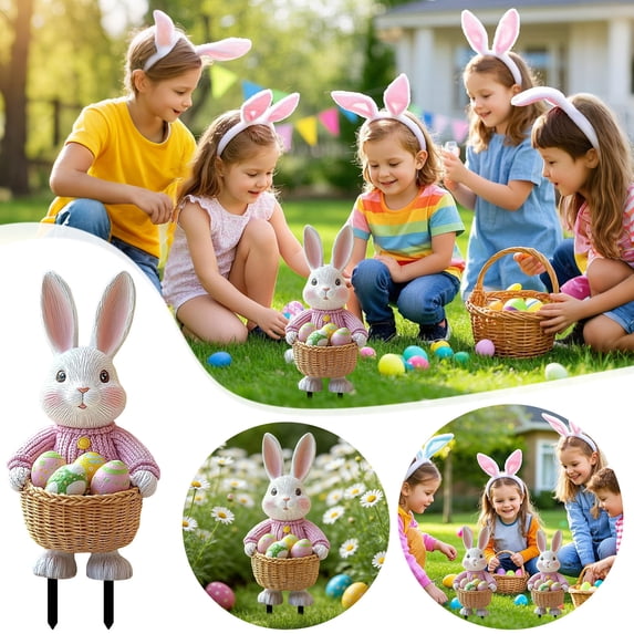 Easter Garden Pot Stake Decor with Eggs and Bunny Signs, Outdoor Yard Lawn Ornament, Easter Decor, Decorative Stake Signs for Patio, Planter and Spring Garden Decoration, 4.7*9.65in, White