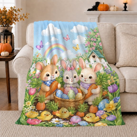 Easter Garden Scene Cartoon Rabbits Whimsical, Cozy Botanical Garden Scene, Warm Flannel Blanket for Sunroom and Reading Nook, Wildlife Lovers Easter Gift, Festive Home Decor