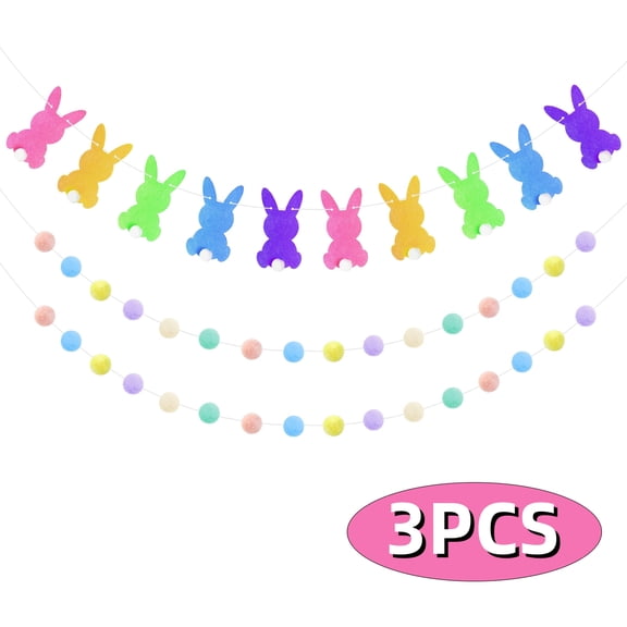 Easter Garland Bunny Pom Pom Garland Wall Hanging Decoration Colorful Spring Felt Banner for Christmas Birthday Mantle Easter Party Supplies 3Pcs