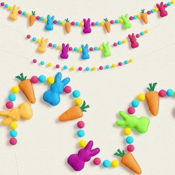 Easter Garland Decorations, Felt Garland Reusable Carrot Pom Pom Ball Bunny Banner DIY Spring Hanging Decor for Mantle Inside Outside Tree Office Fireplace Party