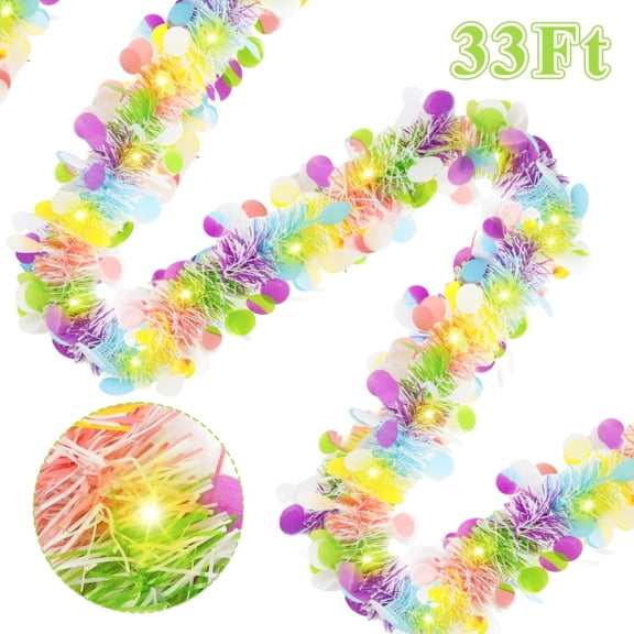 Easter Tinsel Garland with LED Lights Prelit Egg Metallic Twist Tinsel Colorful Foil Hanging Garland Easter Party Supplies Decorations for Tree Home Indoor Outdoor 33 Ft