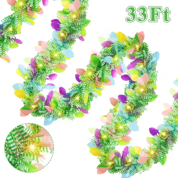 Easter Tinsel Garland with LED Lights Prelit Egg Metallic Twist Tinsel Colorful Foil Hanging Garland Easter Party Supplies Decorations for Tree Home Indoor Outdoor 33 Ft
