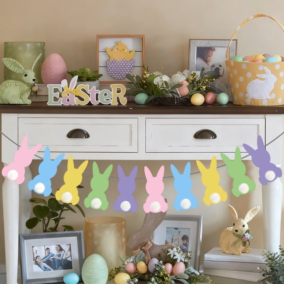 Easter Garland Paper Bunny Hanging Garland Easter Bunny Banner Rabbit Garland Hanging Decoration for Indoor Outdoor Garden Happy Easter Day Home Decor for Fireplace Mantel Wall Window