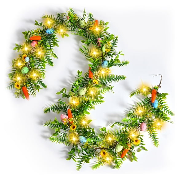 Easter Garland Spring Vine led Egg Light Rattan Artificial Eggs Garlands with Eucalyptus Leaf for Arch Home Holiday Party Mantle Fireplace Indoor Outdoor Festive Front Porch Decor