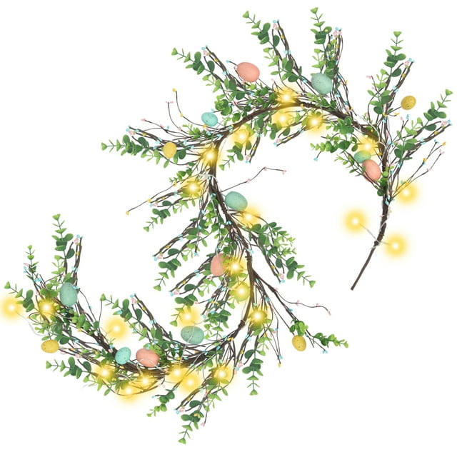 Easter Garland Spring Vine led Egg Light Rattan Artificial Eggs Garlands with Eucalyptus Leaf for Arch Home Holiday Party Mantle Fireplace Indoor Outdoor Festive Front Porch Decor