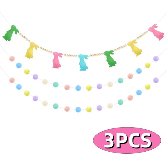 Easter Garland for Mantle Spring Pom Pom Beaded Banner Rustic Farmhouse Bunnies Rabbit Table Fireplace Wall Hanging Easter Party Supplies 3Pcs Set 2
