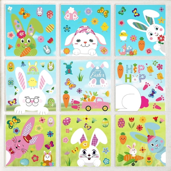Easter Window Static Clings Decorations, 9 Sheets 129 PCS Reusable Static Spring Bunny Rabbits Carrots Butterflies Flowers Stickers, Glass Windows Door Wall Holiday Party Decor