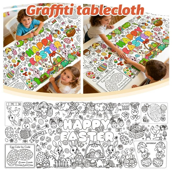Easter Giant Coloring Poster Tablecloth 6 Ft Long, Bunny & Egg Doodle Design, Disposable Waterproof Paper for Kids Birthday Party Classroom Activity