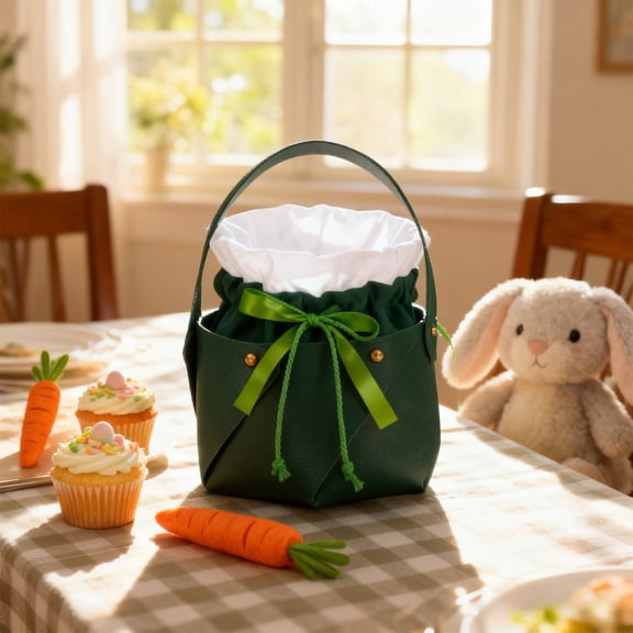 Easter Gift Bag Bunny Ear PU Leather Drawstring Pouch for Kids Egg Hunt Party Favors Treats(B-Green)