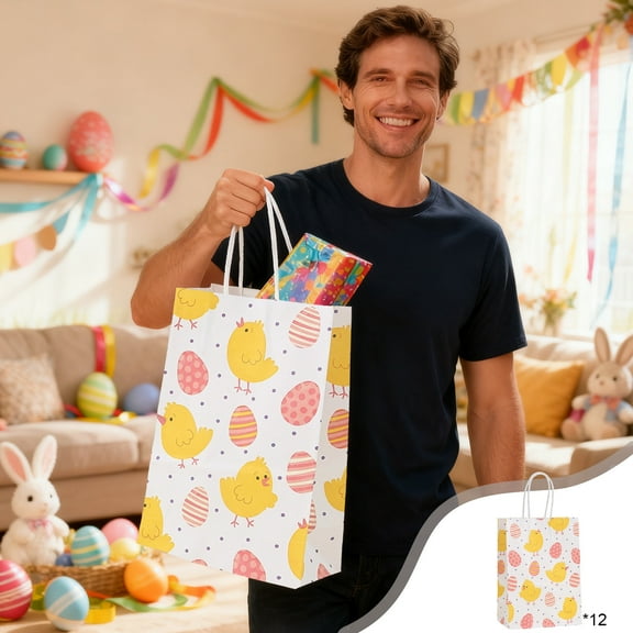Easter Gift Bag Bunny Eggs Elements - 12PC Paper Drawstring Candy Bag for Party Favors and Holiday Gifts