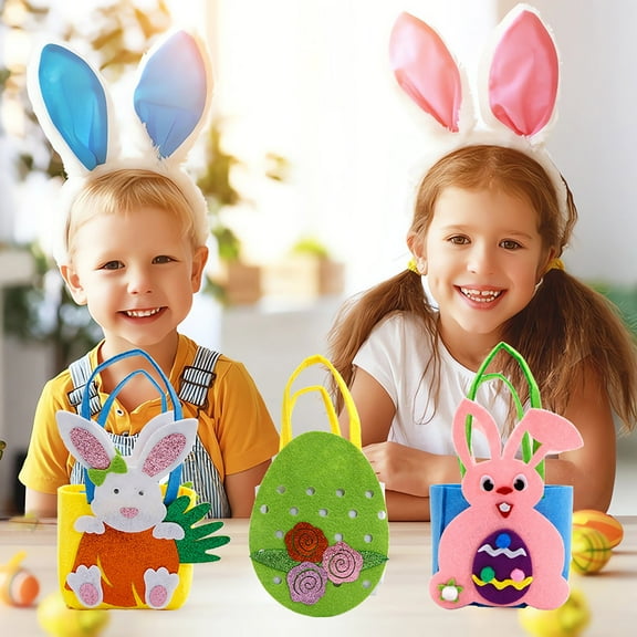 Easter Gift Bag with Handles, Bunny Ear Eggs Carrot Rabbit Basket Candy Cookies Bags for Happy Easter Party Decor Holiday Baking Packing Supplies