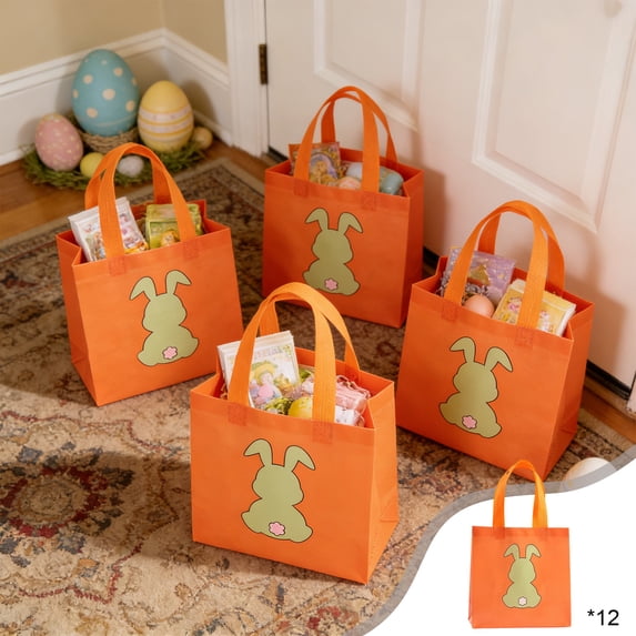 Easter Gift Bags 12 Pack with Rabbit Pattern Holiday Party Favor Bags for Small Presents in 1 Colors(1#Orange)