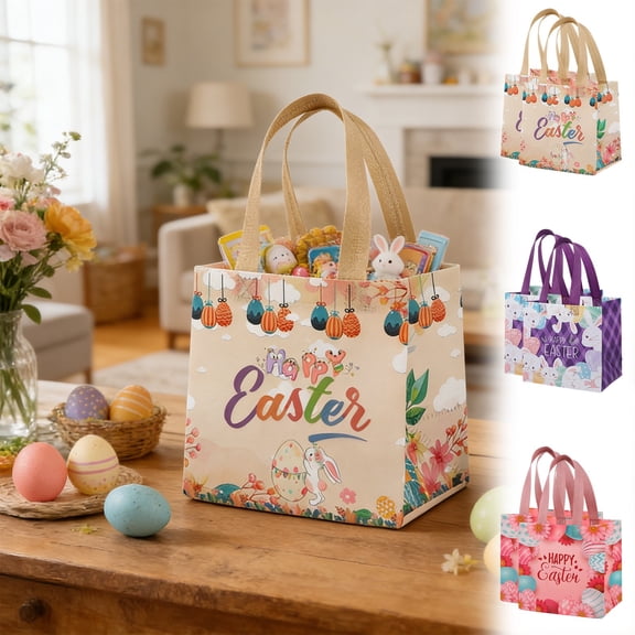 Easter Gift Bags - 2PCS Easter Non-Woven Treat Bags with Handles,Reusable Bunny Egg Easter Basket Container Tote Bag For Spring Party Supplies Egg Hunt & Gifts Wrapping 7.87×7.87×5.91 inches