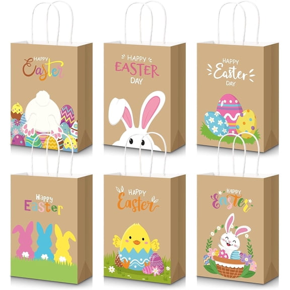 Easter Gift Bags Bulk with Handles Kraft Paper Bunny Colorful Eggs Goodie Treat Bags for Candy Cookies Snacks Spring Party Favor Supplies Hunt