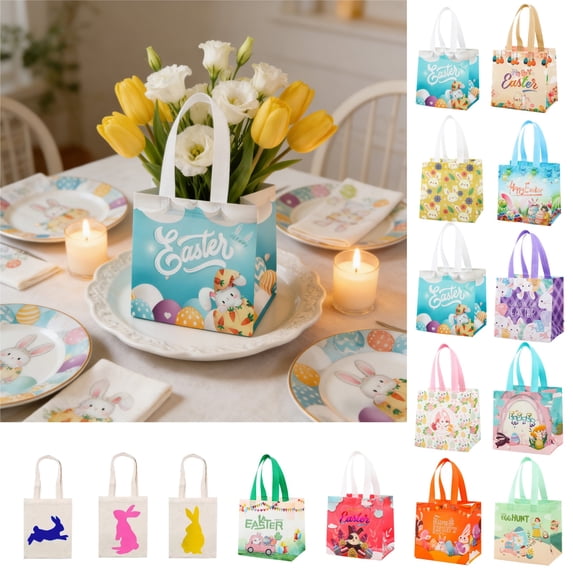 Easter Gift Bags, Easter Tote Bags with Handles, Happy Easter Gift Bags for Kids, Non-Woven Reusable Easter Goodie Bags, Egg Hunt Game Easter Holiday Party Supplies 7.8x7.8 Inch