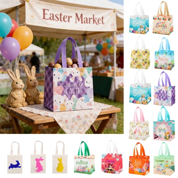 Easter Gift Bags, Easter Tote Bags with Handles, Happy Easter Gift Bags for Kids, Non-Woven Reusable Easter Goodie Bags, Egg Hunt Game Easter Holiday Party Supplies 7.8x7.8 Inch