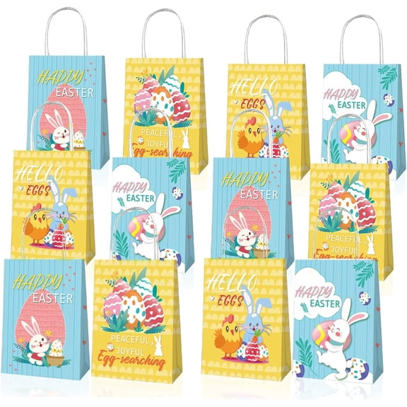 Easter Gift Bags Kraft Paper Bags with Handles, Colorful Bunny Design for Easter Egg Hunts, Party Favors Candies Goodie Bags, Packaging, Gifts