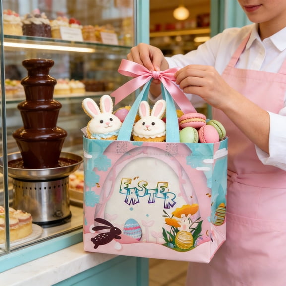 Easter Gift Bags, Reusable Easter Basket with Handles, Non woven Treat Bags Tote Bags for Kids Easter Egg Hunt Game Party Supplies