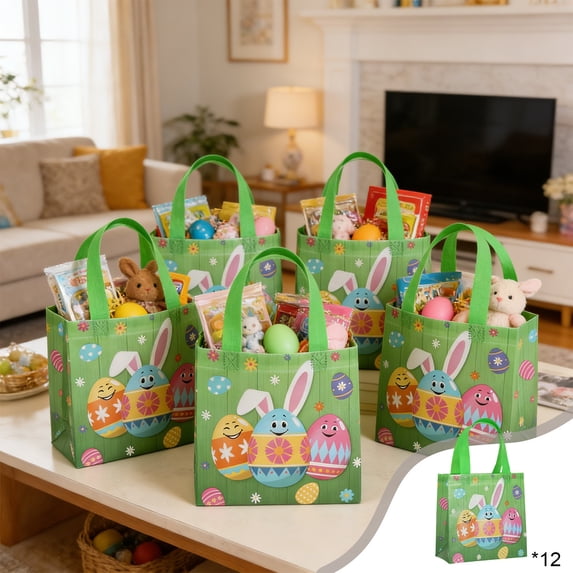 Easter Gift Bags Set of 12 with Handles, Easter Bags with Handles Featuring Bunny & Egg Patterns, Easter Egg Hunt Bags for Kids for Party Favors and Holiday Decor, 5 Styles Available