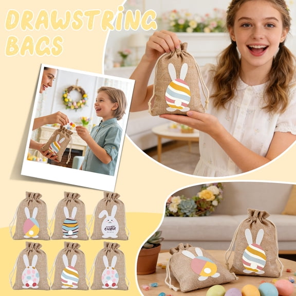 Easter Gift Bags, Set of 6 Small Jute Burlap Bags with Drawstring, Cute Bunny & Egg Design Goodie Bags for Easter Party Favors, Treats, and Candy Gifts, A