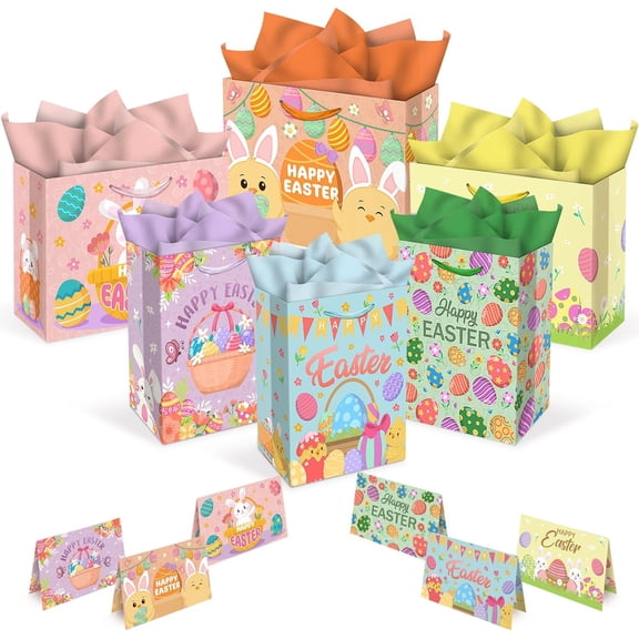 Easter Gift Bags, with Cards and Tissue Paper, Spring Holiday Paper Bags for Party Favor, Gift Wrapping
