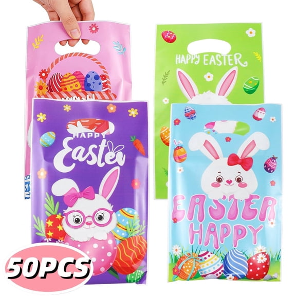 Easter Gift Bags with Handles 50 pcs Plastic Easter Treat Bags Bulk Goodie Bags for Easter Party Favors Supplies Gifts Style1