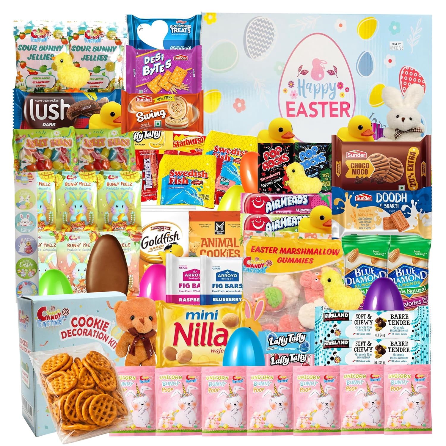 Easter Gift Basket (82 Count) Care Package with Treats Snacks Cookies Candy Gift Box for Friends, Family