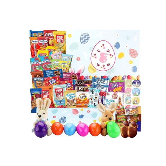 Easter Gift Basket (82 Count) Care Package with Two Plush Bunny Treats Snacks Cookies Candy Toys Gift Box for Kids Friends Children Family Boys Girls