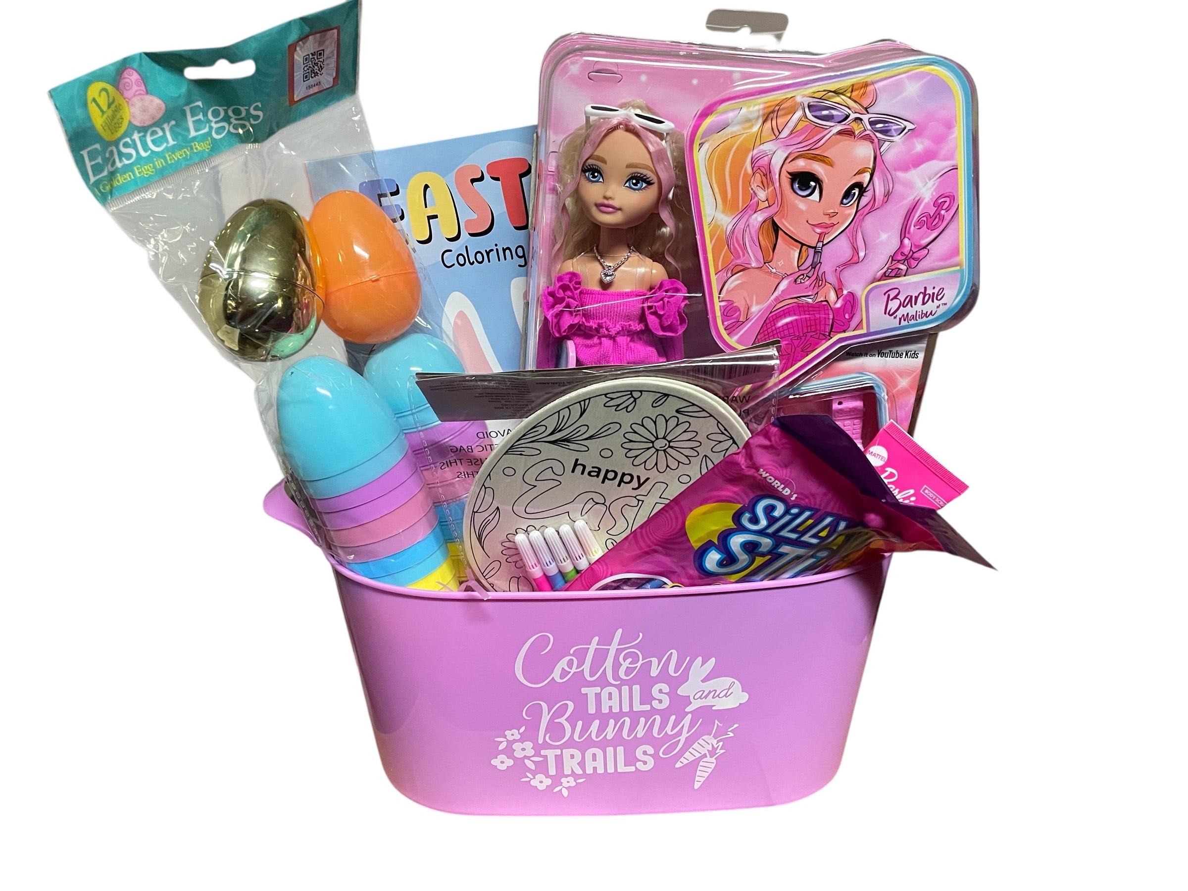Easter Gift Basket with Barbie Malibu, Plastic Fillable Easter Eggs, Candy,  Coloring Book,  Wooden  DYI Craft Kit with Markers and a Barbie Body Scrub in Pink Reusable Bunny Bucket. Birthday