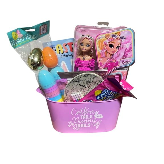 Easter Gift Basket with Barbie Malibu, Plastic Fillable Easter Eggs, Candy, Coloring Book, Wooden DYI Craft Kit with Markers and a Barbie Body Scrub in Pink Reusable Bunny Bucket. Birthday