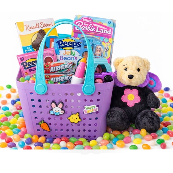 Easter Candy Basket with Assorted Treats, Reusable Plastic Basket (5 x 8 x 7 in), Jelly Beans, Marshmallow Candy and Chocolate