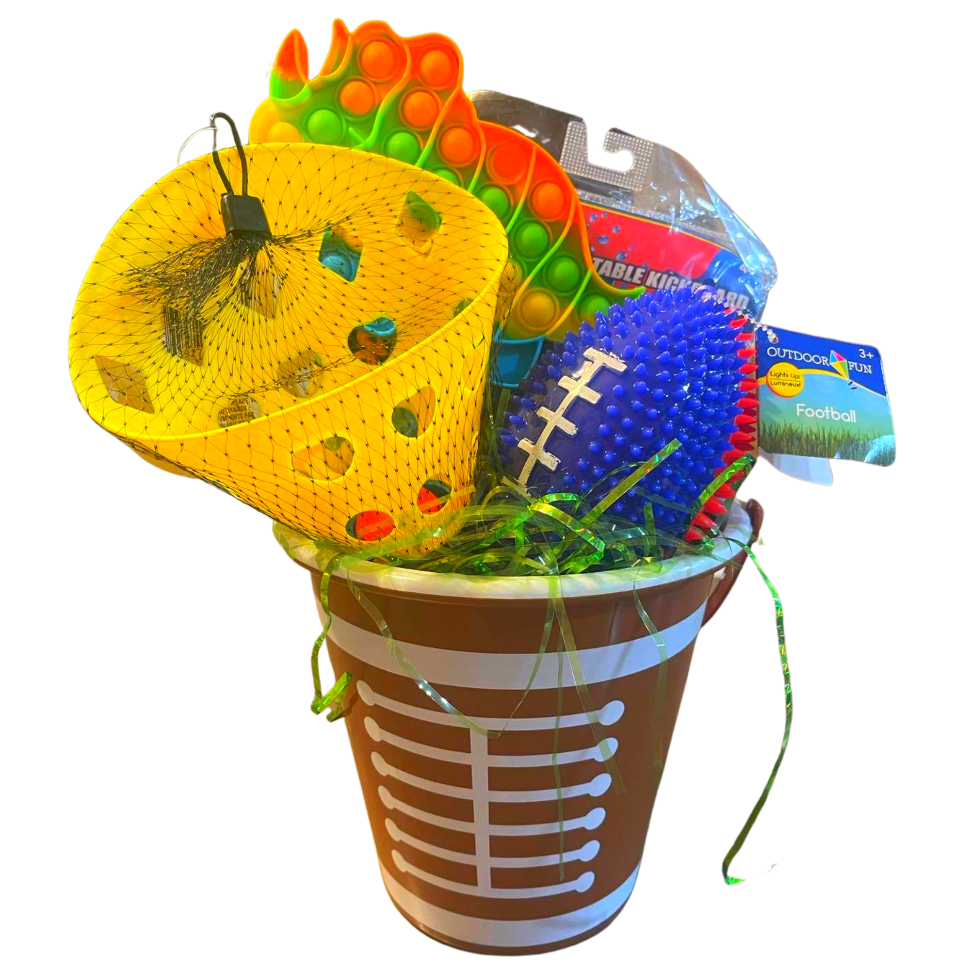 Easter Gift Basket with Inflatable Kickboard, Launch and Catch Ball Toys Two-Tone Football Easter Candies & Reusable Bucket for Boys Holiday Summer Outdoor Fun Gifts (Contents Vary)