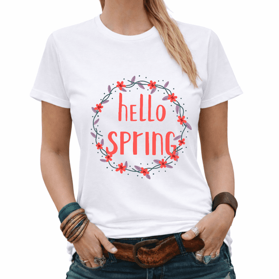 Easter Gift Hello Spring Floral Wreath Graphic Tees Womans Tshirt Black/White S-5XL Tops