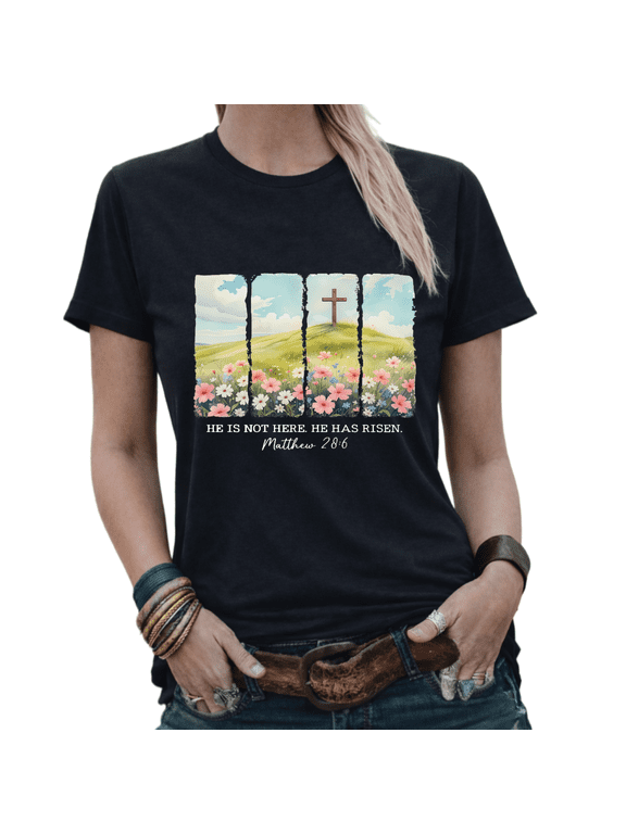 Easter Gift Retro He Has Risen Cross Floral Graphic Tees Women's Summer Shirt