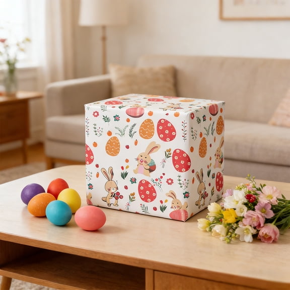Easter Gift Wrap Paper Roll - Bunny, Eggs & Floral Print Spring Wrapping Paper, 28 x 20 Inch for Easter Baskets, Presents, and Party Decor