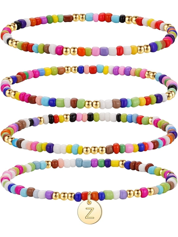 Easter Gifts for  - 4 count Colorful Beaded Initial Bracelets, Cute Stretch Beaded Bohemian Disc Initial A-Z Stackable Bracelet  for Women Girls Easter Basket Stuffers Birthday Gifts