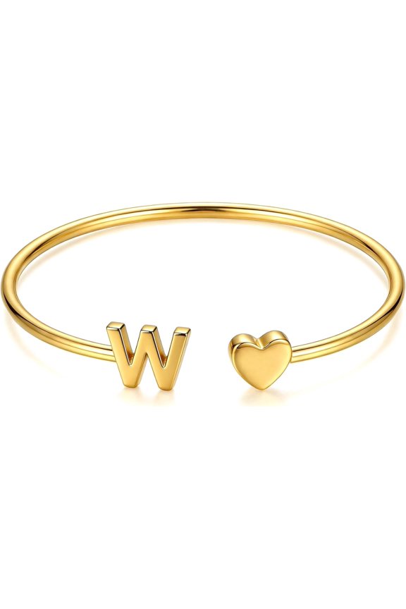 Easter Gifts for Kids Teen Girls - Dainty 14K Gold Plated Letter A-Z Initial Heart Cuff Bangle Bracelets, Easter Basket Stuffers for Women Her Teens Toddler Birthday Jewelry Gifts