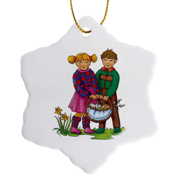 3drose, Easter – Girl and Boy, 3 inch Snowflake Porcelain Ornament
