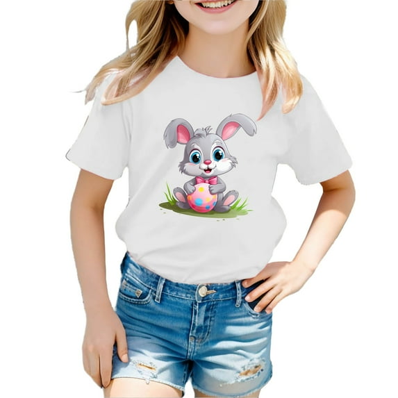 Easter Girls Casual Tee with Adorable Rabbit and Egg Spring Holiday Top Oversized T-shirts Basic Cute Tees Crewneck Casual Tops