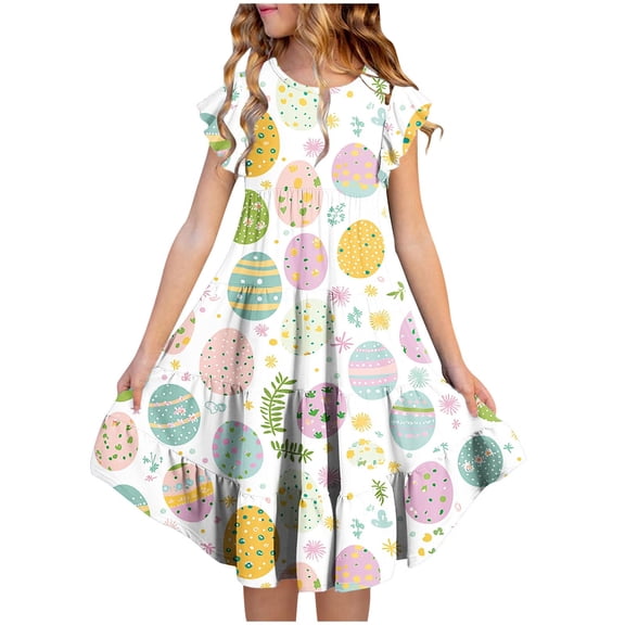 Easter Girls Dresses Bunny Rabbit Easter Eggs Print Fly Sleeve A Line Beach Dress Size 4-15
