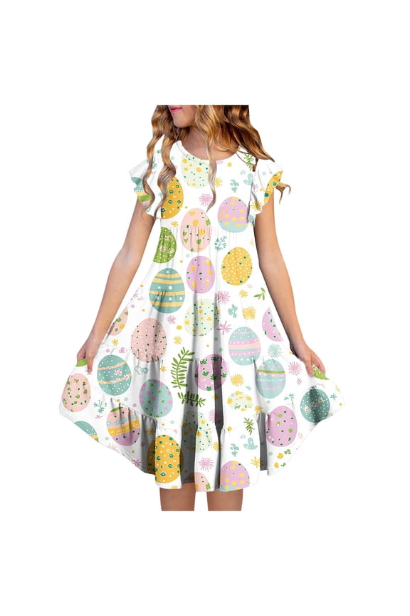 Easter Girls Dresses Bunny Rabbit Easter Eggs Print Fly Sleeve A Line Beach Dress Size 4-15