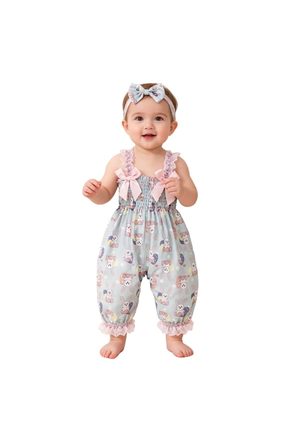 Easter Girls' Harem Pants Printed Rabbit Lace Strapless Jumpsuit Party Outfit Sky Blue 18M-24M