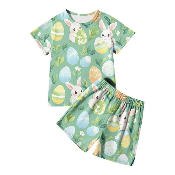 Easter Girls Pajamas Set Cute Bunny Outfit Crewneck Short Sleeve T-Shirt And Shorts Set Loungewear Child PJS