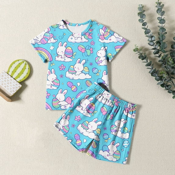 Easter Girls Pajamas Set Cute Easter Bunny Crewneck Short Sleeve Pullover Top Shorts Set Toddlers Pajamas