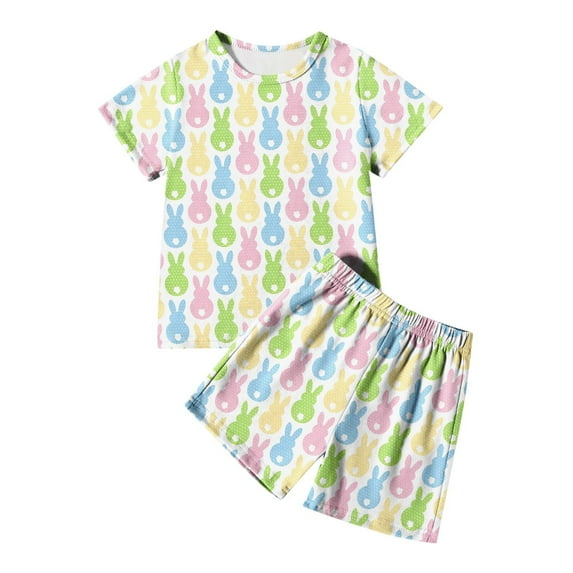 Easter Girls Pajamas Set Easter Bunny Print Crewneck Short Sleeve T-Shirt And Shorts Set Kids Summer Pajamas