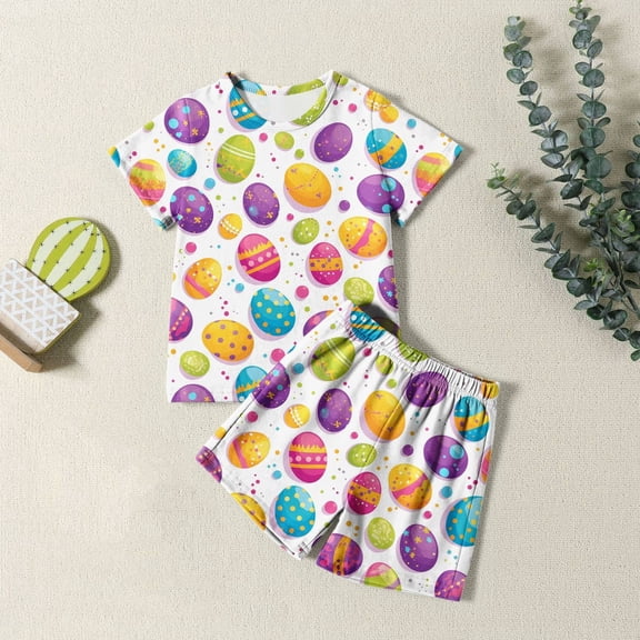 Easter Girls Pajamas Set Easter Bunny Print Crewneck Short Sleeve Tee Shorts Pajamas Set Kids Summer Pajamas