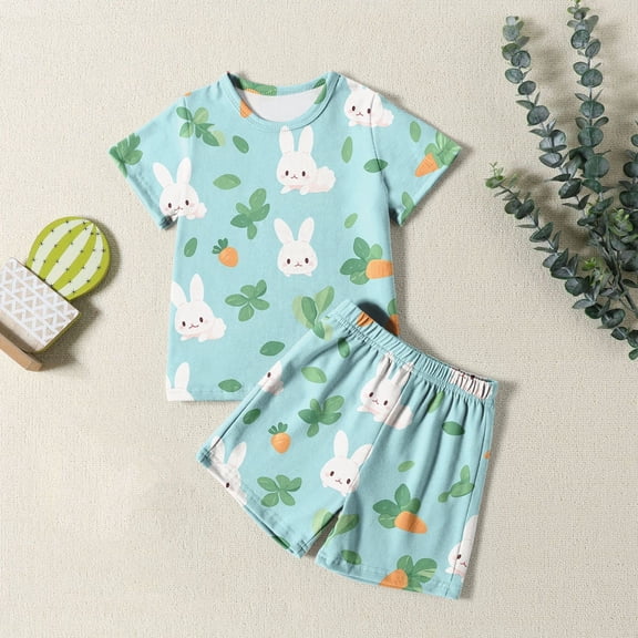 Easter Girls Pajamas Set Easter Bunny Print Crewneck Short Sleeve Tee Shorts Pajamas Set Loungewear Homewear