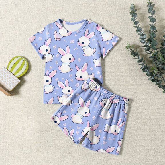Easter Girls Pajamas Set Easter Egg Cartoon Printed Crewneck Short Sleeve T-Shirt And Shorts Pajamas Set Spring Clothes