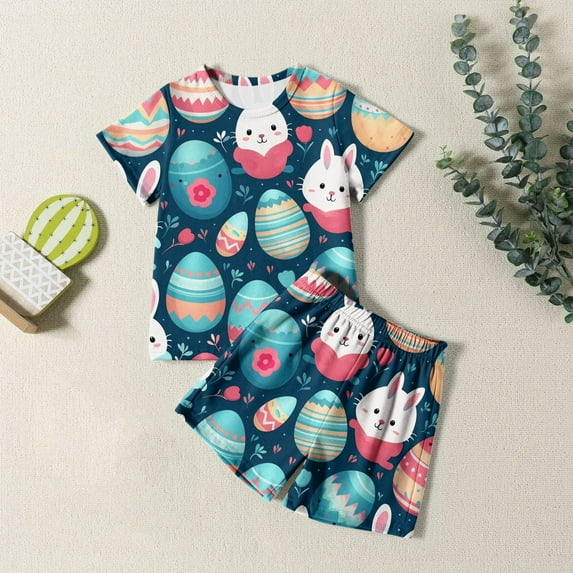 Easter Girls Pajamas Set Easter Egg Cartoon Printed Crewneck Short Sleeve Tee Shorts Pajamas Set Toddler Girl Outfits